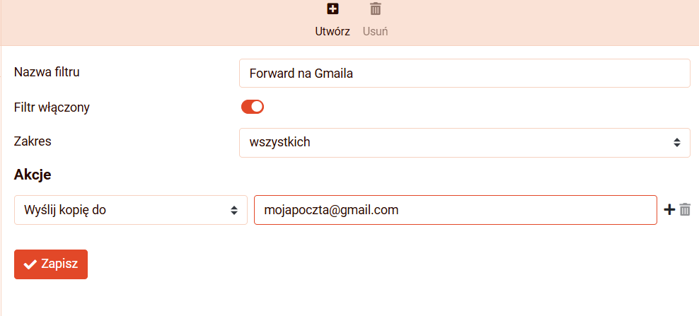reguły do forwardowania maili w Roundcube